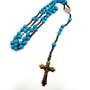 Vintage Petite Child's Rosary Blue Ceramic Beads Auspice Maria AM Medal Crucifix